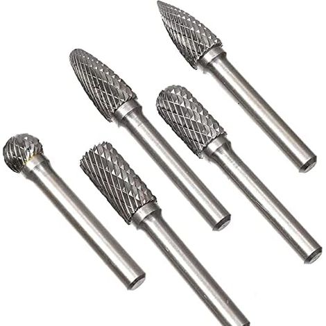 Sollbry Kit de 5 fresas rotativas de doble corte, vástago de 6 mm y cabezal de 10 mm, herramienta de lijado y taladro eléctrico para tallado, pulido y grabado de metal. (1/5)