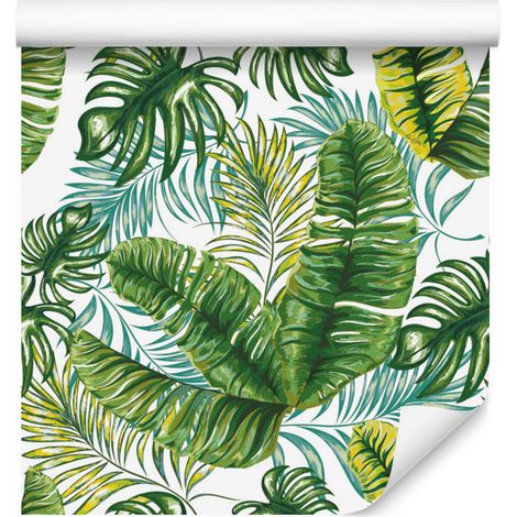 Papel pintado con estampado de hojas tropicales y selva para salón y dormitorio, 50x1000 cm. (1/5)