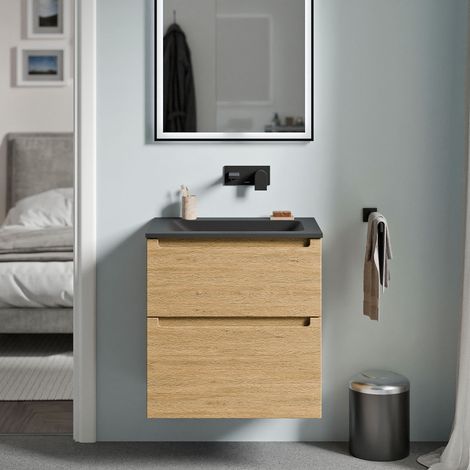 BERNSTEIN - Meuble vasque suspendu salle de bain MDF Chêne miel, lavabo fonte minérale Noir mat sans trou robinet, tiroirs passe-main pivotants - 60x46x62cm - VIREO Chêne Miel doré, Noir mat sans trou