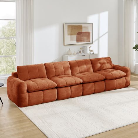 Divano modulare a 4 posti in tessuto ciniglia, imbottitura in schiuma ad alta densità 32D, comoda altezza seduta 54 cm, design trapuntato, non richiede montaggio, colore arancione