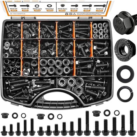 Kit d'assortiment de boulons et d'écrous de bride de qualité métrique 10.9 400PCS (12mm à 45mm) Kit de rondelles de boulons et d'écrous hexagonaux de classe acier allié noir pour l'automobile