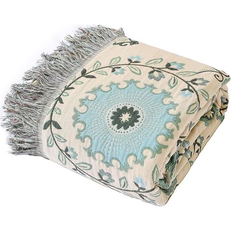 Large Couverture Bohémienne Double Face - 100% Coton Biologique Tissé à la Main pour Lit et Canapé, Accent Boho Douillet pour Canapés 2-3 Places et Fauteuils - 150x200cm, Vibrant Marigold-Blue (1/5)