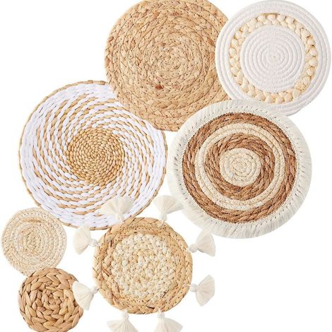 7 ensembles blancs Paniers Muraux Décoratifs Style Bohème, Paniers Muraux Tissé en Rotin, Paniers Murale Décor à la Main À Suspendre, Paniers Glands Fleur Paniers Muraux DéCor