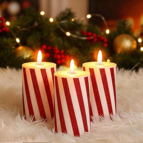 3 Bougies Pilier LED de Noël Style Sucre d'Orge Pastel, Rouge et Blanc avec Paillettes, Sans Flamme, Décoration de Table (1/5)