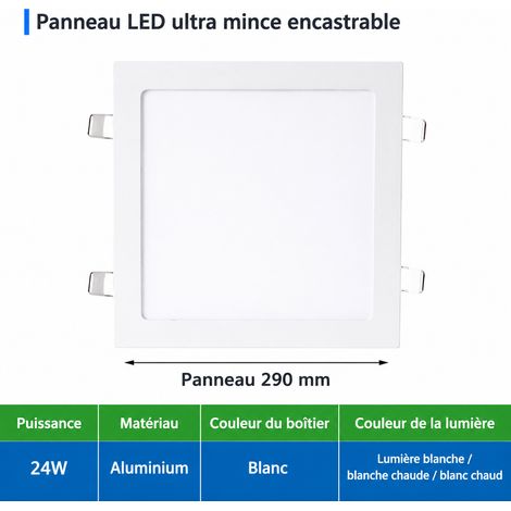 Panneau LED encastrable carré 24W extra-plat aluminium blanc 6000K 24w 290mm 280mm 6000k 100 g – Livraison gratuite