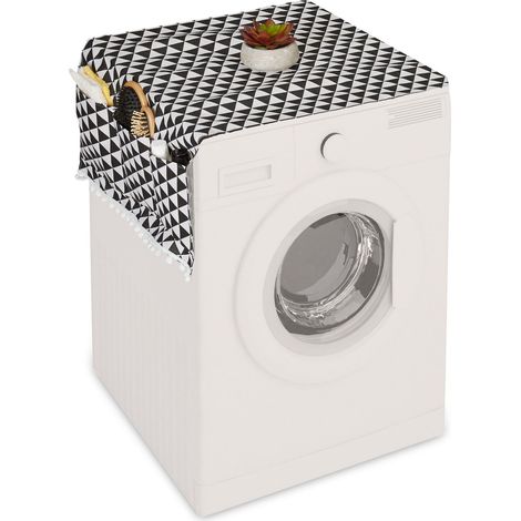 Relaxdays Funda para Lavadora con Bolsillos, Cubierta Secadora, Frigorífico, Diseño Triángulos, Poliéster, Negro/Crema (1/5)