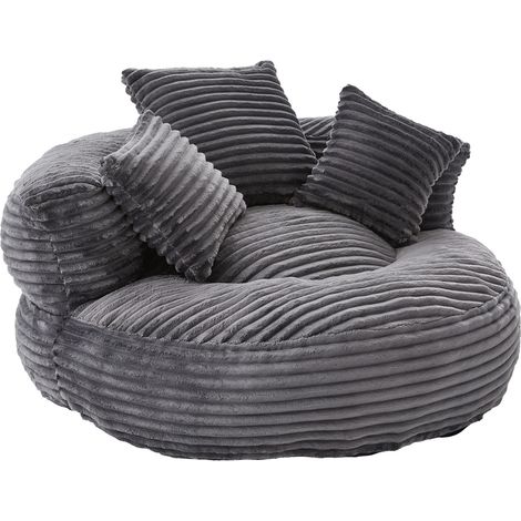 Fauteuil pouf en velours côtelé gris foncé avec dossier haut et trois coussins, pour adultes et enfants (1/5)