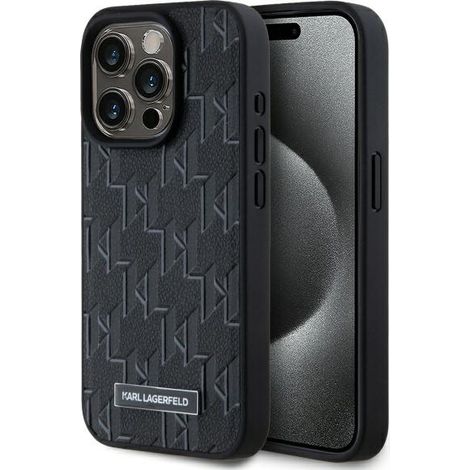 Funda rígida Karl Lagerfeld KLHMP15LPKHPORPK para iPhone 15 Pro de 6,1 pulgadas, color negro/negro, de cuero, con monograma y logotipo metálico MagSafe. (1/5)