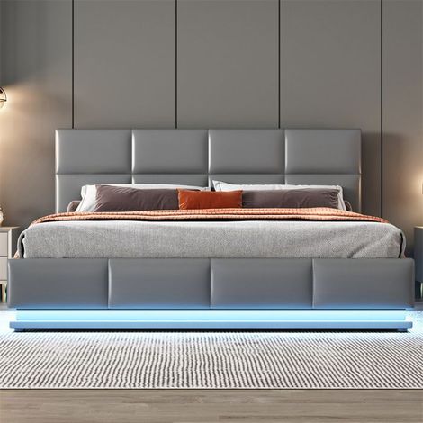 Lit coffre rembourré hydraulique 160x200 cm - simili cuir gris, sommier à lattes métal, LED, sans matelas