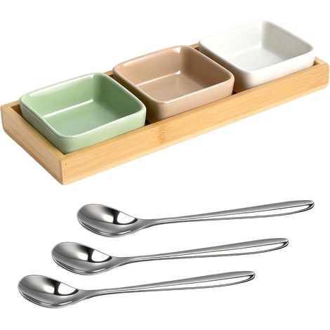 Keramik-Dipschalen-Set mit Holztablett – 3 matte, pastellfarbene Schalen mit kleinen Löffeln, für Tapas, Sushi, BBQ-Saucen, Vorspeisenplatten und Snackteller (1/5)