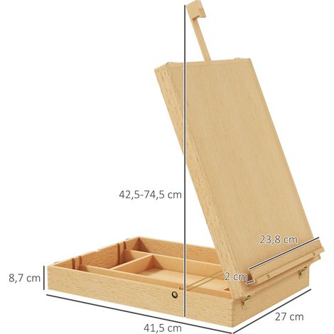 Chevalet de table en bois, inclinable et pliable type mallette, avec poignée, rangement intégré, pour peinture et dessin, angle ajustable. (1/5)