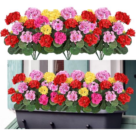 Fleurs artificielles, 4 bouquets pour intérieur et extérieur, Fleurs fausses, décoration de géranium, Faux buisson de géraniums résistant aux UV pour jardin, terrasse, fenêtre, boîte de (1/5)