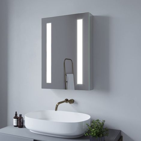 LED Spiegelschrank Badezimmerspiegel Glasspiegel mit Beleuchtung Badezimmerschrank Großer Stauraum IP44 Kaltweiß 6400K 50x70cm Badschrank 1türig mit Steckdose (1/5)