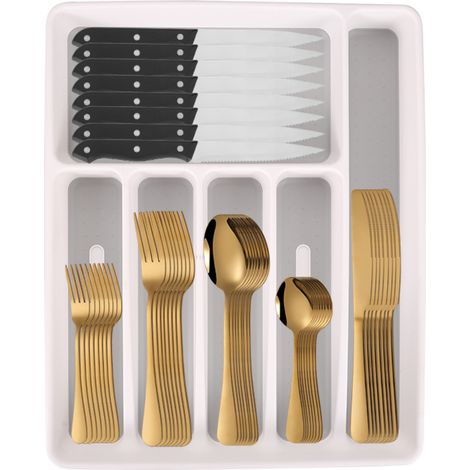 Kebolax 49-teiliges Besteckset mit Organizer, Edelstahl-Besteckset mit Steakmessern, Geschenk für Freunde und Eltern, rostfrei, hochglanzpoliert, spülmaschinenfest, Gold (1/5)