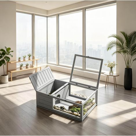 Enclos pour petite tortue avec niche et zone grillagée 91 x 60,5 x 32 cm bois gris REDOM (1/5)