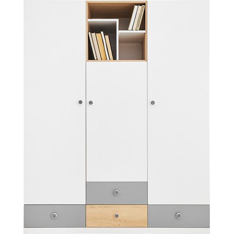 Jugendzimmer Kleiderschrank, 3-türig, Eiche mit weiß und grau PINETO-133 (1/3)