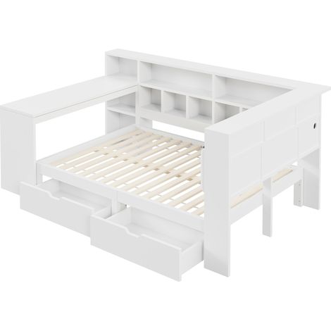 Lit plateforme d'angle L 140x200 avec bureau, étagère, tiroirs et LED, blanc (1/5)