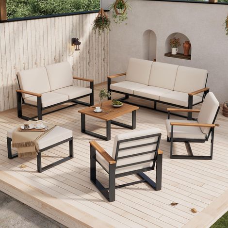Ensemble de Salon de jardin 7-8 Places Beige - meubles de jardin avce Canapés et Fauteuils, Pouf et Bois Table - Acier Galvanisé