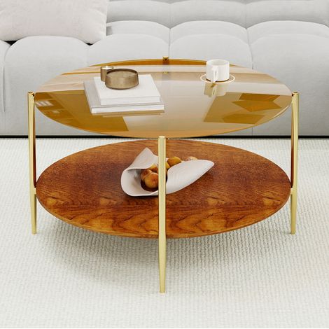 Tavolino da caffè 82x82x45 cm, piano in vetro temperato dorato, base in legno, struttura in ferro, oro (1/5)