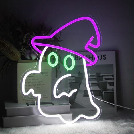 Enseigne néon « Fantôme au chapeau de sorcière » – Lampe gothique à LED violettes pour décoration d'Halloween, enseigne LED fantôme effrayante, alimentation USB, cadeau d'Halloween (1/5)
