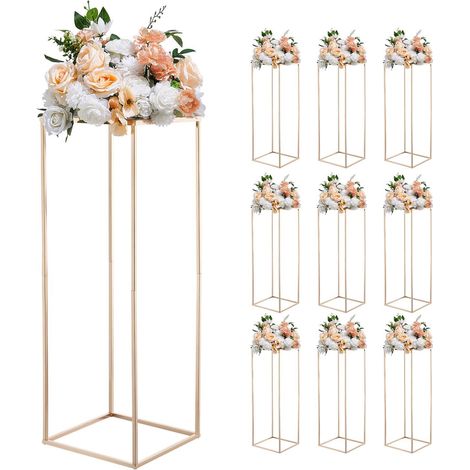 Support Fleur Mariage Colonne Lot de 10 Support Fleur Centre Table Mariage 80 cm Présentoir Floral Rectangulaire pour Fêtes, Anniversaires, Décoration Intérieure, avec Panneau Métallique, Doré (1/5)