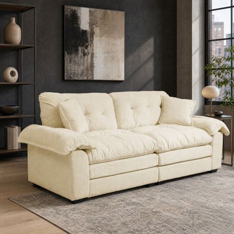 Canapé fixe 2 places 214cm, Canapé droit en chenille, coussins mémoire de forme,Confort optimal avec têtières, Design moderne beige (1/5)