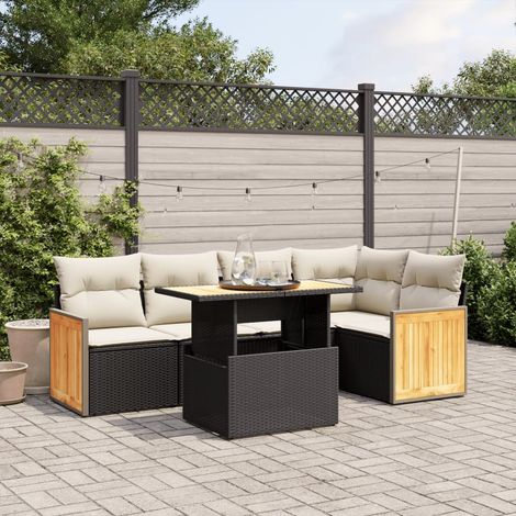 Ensemble Salon Jardin 6 Places Noir Résine Tressée avec Coussins Crème - Table Réglable et Modulaire (1/3)