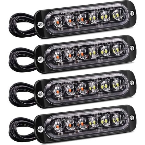 4PCS lumières flash stroboscopiques, 6 LED d'avertissement de danger d'urgence clignotant lumière étanche orange et blanche balise de panne barre lumineuse 12V 24V pour camion de voiture (1/4)