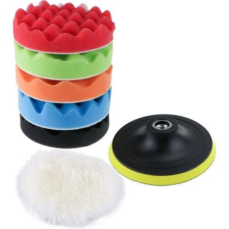 Kit di spugne lucidanti con adattatore per trapano e tamponi in lana per ceratura, set di 7 tamponi lucidanti per auto, lucidatrice e cera (5 pollici) (1/5)