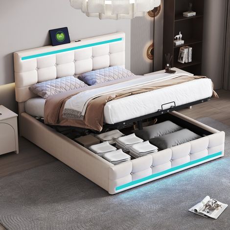 Cama Doble 140x200 cm LED USB Almacenamiento Cabecera Ajustable Plataforma Acolchada Lino Beige (Sin Colchón) (1/5)