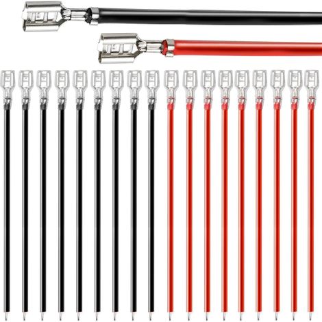 Gebildet 20pièces Borne à Sertir femelle 6.3mm avec Manchon Isolant et fil 16AWG de 15cm de Longueur rouge + Noir kit d'assortiment D'épissure Rapide Femelle