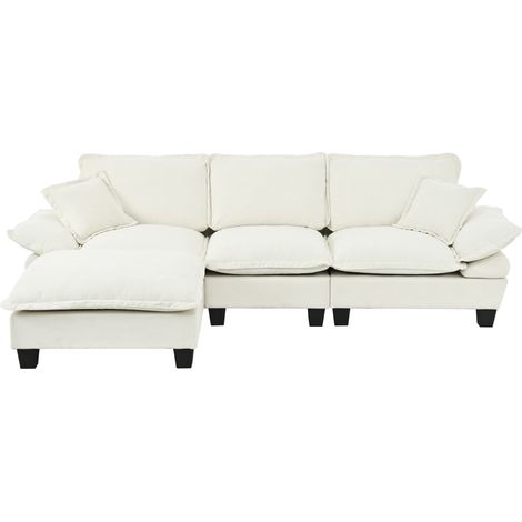 Divano angolare modulare a L in chenille beige con pouf mobile e 2 cuscini (1/5)