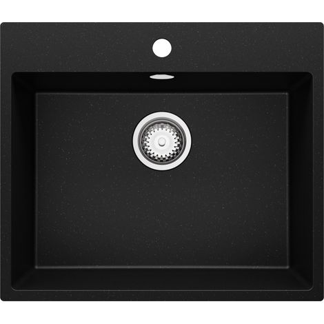 PRIMAGRAN Evier Cuisine en Granit 58x50cm, Lavabo 1 bac + Kit de Vidage, Évier à Encastrer au meuble 60cm - Riga, Noir Métallisé