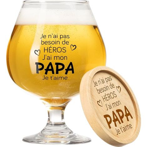 Verre à bière gravé message Papa avec sous-verre en bois, idée cadeau fête des pères, anniversaire et Noël (1/5)