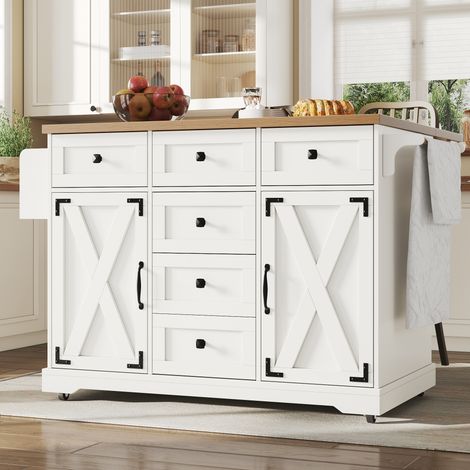 Îlot central de cuisine mobile - Plateau extensible - 120x70x93cm - 2 portes et 5 tiroirs - étagères ouvertes - avec porte-serviettes - MDF - Blanc