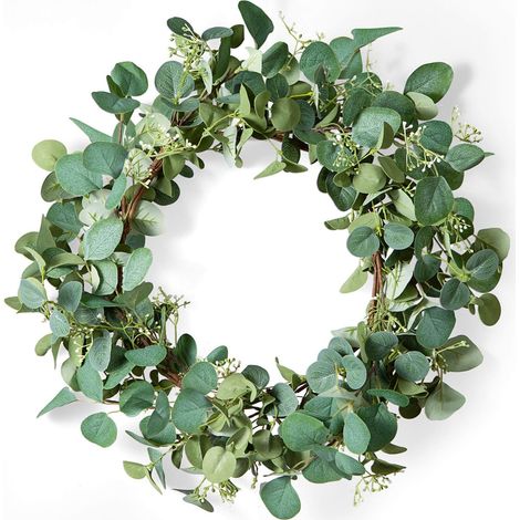 Couronne de feuilles d'eucalyptus vertes, 50 cm (20 pouces) artificielle, style festival (1/4)