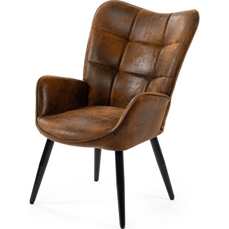 MEUBLES COSY Sessel mit brauner Stoffpolsterung, Metallrahmen der Rückenlehne, Sitzfläche aus Sperrholz und schwarzen Stahlbeinen im skandinavischen Stil.
