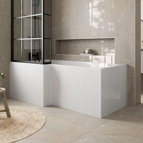 L Shaped Shower Bath Front Side Panel Modern Bathroom White Gloss MDF 1700mm (1/7)