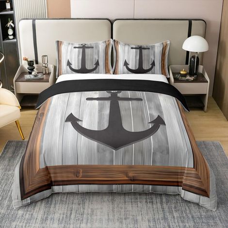 Anchor Imprimer Housse de Couette 140x200cm 100% Coton Thème pour Garçons Filles Adolescents Océan Parure de Lit Aventure Maritime Ensemble de Literie Gris - 140 x 200 cm + 1 taie d'oreiller 65 x 65 c (1/5)