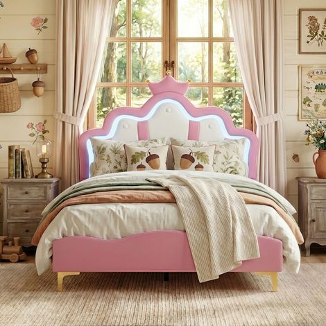 Lit Enfant Fille Princesse 140x190 cm avec Couronne et LED, Cadre de Lit Simple en Similicuir avec Sommier à Lattes, Style Scandinave - Rose