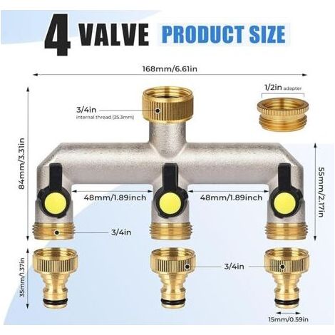FOREHILL Distributeur ，eau 3 voies pour robinet 3/4. en laiton avec 2 raccords de robinet de 3/4. vers 1/2. pour maison, cour, machine à laver, tuyaux ，arrosage (1/4)