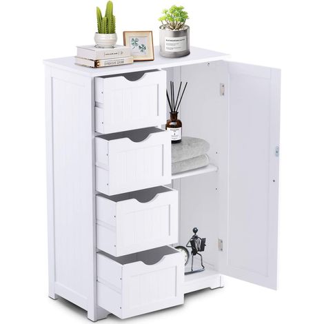 Goplus – Commode de rangement 4 tiroirs – Porte magnétique – Étagère hauteur réglable – Meuble blanc 55 x 30 x 81 cm – Idéal pour petits espaces