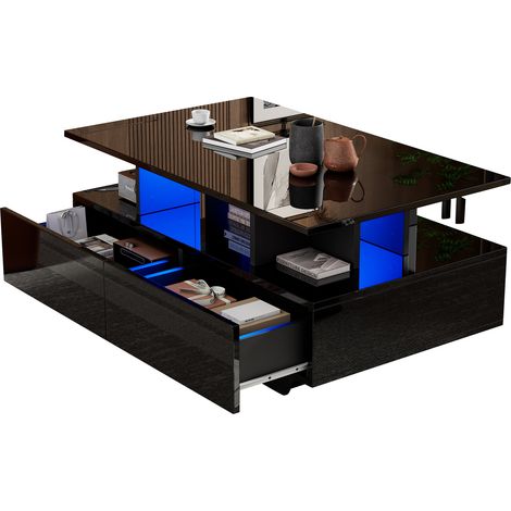 Table basse LED laquée noire avec 2 tiroirs et rangement, 90 x 55 x 41 cm, en panneau de particules, pour salon moderne et coin lecture CHICFURN (1/5)