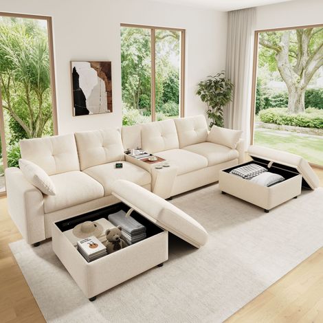 canapé d'angle modulaire 6 places,configuration panoramique en U ou L,2 repose-pieds avec rangement,console centrale et porte-gobelets,ports USB-C intégrés,revêtement en chenille,coloris beige (1/5)