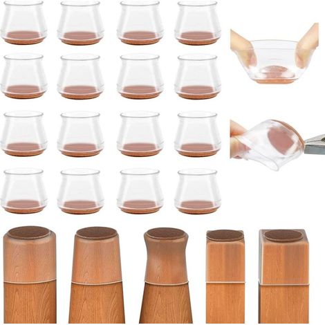 Deslizadores protectores para patas de sillas, fabricados en silicona transparente con almohadillas de fieltro para proteger suelos duros de arañazos y ruidos. Paquete de 16 unidades, tamaño grande. (1/5)