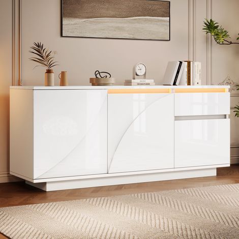 Buffet bas blanc brillant 140x40 cm avec LED, 3 portes, 1 tiroir, étagères réglables, meuble rangement salon en MDF (1/5)