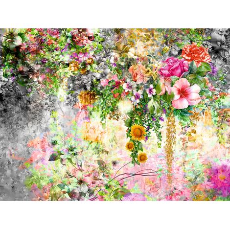 papier peint panoramique fleurs gris, rose et vert  - Sanders & Sanders