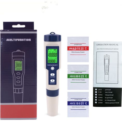 Testeur électronique de qualité d'eau 5 en 1 – Mesure pH, EC, TDS, sel et température – Étalonnage automatique – Compact pour piscine et aquarium