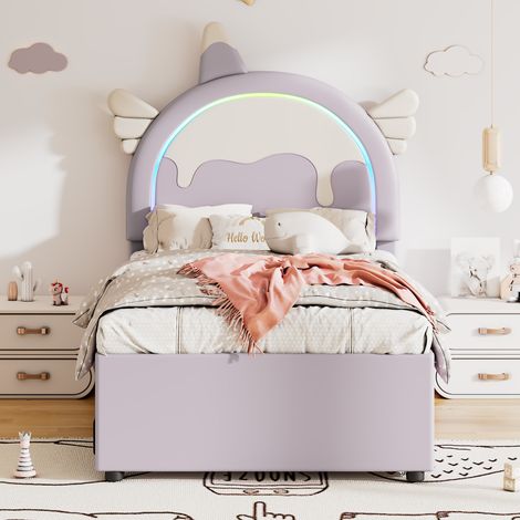 Lit enfant 90 x 200 cm, motif licorne, avec lit d'appoint extensible, en polyuréthane, violet (1/5)