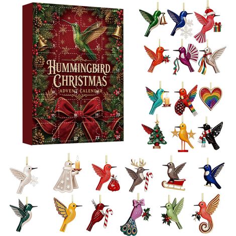 Calendrier de l'Avent Colibri 2026 - 24 décorations suspendues en acrylique 2D à motifs de colibris - un cadeau de Noël féérique pour les collectionneurs d'oiseaux